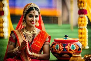 une femme dans traditionnel Indien tenue séance suivant à une pot. généré par ai photo