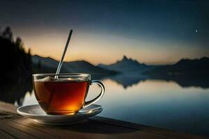 une tasse de thé sur une en bois table avec une Montagne voir. généré par ai photo