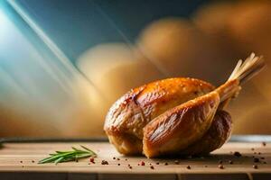 une rôti poulet sur une en bois Coupe planche. généré par ai photo