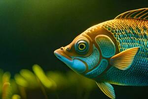 une poisson avec une brillant bleu et Jaune corps. généré par ai photo