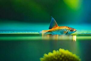 une poisson nager dans le l'eau avec une vert Contexte. généré par ai photo