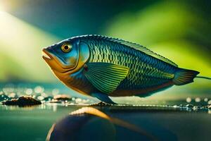 une poisson est permanent sur le l'eau avec une brillant lumière. généré par ai photo