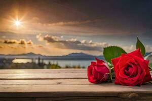 deux rouge des roses sur une en bois table avec une le coucher du soleil dans le Contexte. généré par ai photo