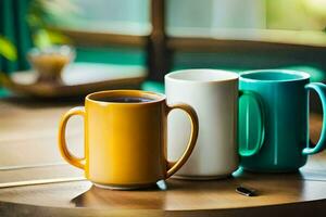 Trois coloré café des tasses séance sur une tableau. généré par ai photo