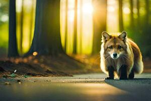 une Renard est en marchant dans le les bois à le coucher du soleil. généré par ai photo