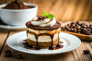 café et dessert sur une en bois tableau. généré par ai photo