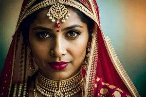 une magnifique Indien la mariée portant traditionnel bijoux. généré par ai photo