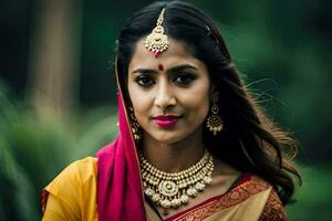 magnifique Indien la mariée dans traditionnel tenue. généré par ai photo