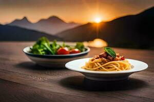 spaghetti avec Viande et salade sur une plaque. généré par ai photo