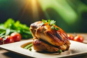 une poulet sur une assiette avec des légumes et tomates. généré par ai photo