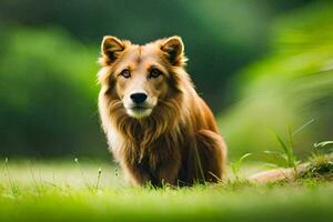 une chien séance dans le herbe à la recherche à le caméra. généré par ai photo