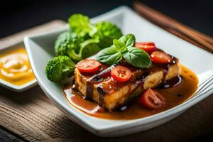 une assiette de Tofu avec sauce et des légumes. généré par ai photo