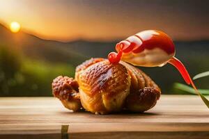 une poulet est étant plongé dans sauce sur une en bois tableau. généré par ai photo