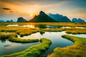 le Soleil ensembles plus de une rivière et montagnes. généré par ai photo