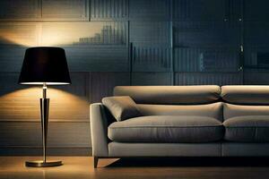 une moderne vivant pièce avec une canapé et lampe. généré par ai photo