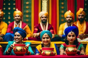 une groupe de femmes dans coloré turbans séance autour une tableau. généré par ai photo