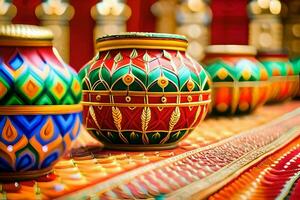 coloré des pots sur une table avec or et rouge décorations. généré par ai photo