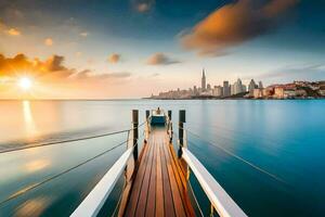 le Soleil ensembles plus de le ville horizon dans Dubai. généré par ai photo