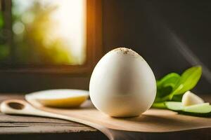 un Oeuf sur une en bois Coupe planche avec une couteau et une cuillère. généré par ai photo