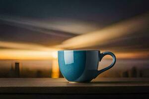 une bleu café tasse est assis sur une table dans de face de une ville ligne d'horizon. généré par ai photo