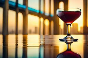 une verre de rouge du vin sur une table dans de face de une paysage urbain. généré par ai photo