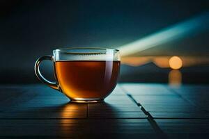 une tasse de thé sur une en bois tableau. généré par ai photo