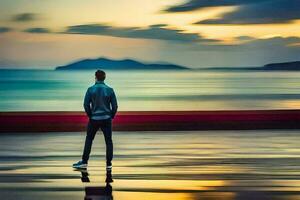 une homme permanent sur le plage à le coucher du soleil. généré par ai photo