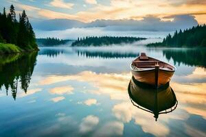 une bateau est assis sur le calme l'eau à le coucher du soleil. généré par ai photo