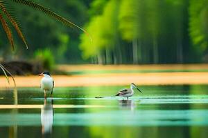 deux des oiseaux permanent dans le l'eau près une arbre. généré par ai photo