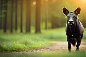 une noir vache en marchant sur une saleté route dans le les bois. généré par ai photo