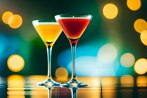 deux des lunettes de des cocktails sur une table avec bokeh lumières. généré par ai photo