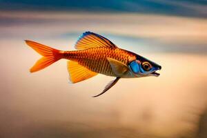 une poisson est en volant par le air à le coucher du soleil. généré par ai photo