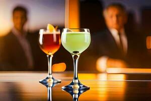 deux des lunettes de des cocktails sur une bar. généré par ai photo