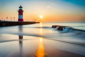 une phare des stands dans le l'eau à le coucher du soleil. généré par ai photo