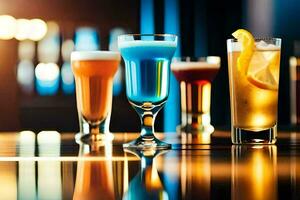 une rangée de différent coloré les boissons sur une bar. généré par ai photo