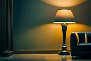 une noir cuir canapé et lampe dans une chambre. généré par ai photo