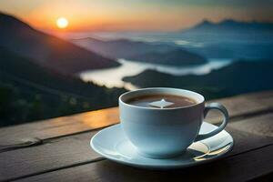 une tasse de café sur une en bois table dans de face de une magnifique Montagne voir. généré par ai photo