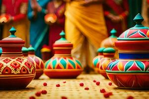 coloré des pots et des vases sont arrangé sur une tableau. généré par ai photo