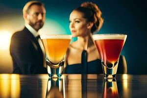 une homme et femme séance à une bar avec boissons. généré par ai photo