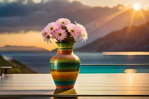 fleurs dans une vase sur une table dans de face de le océan. généré par ai photo