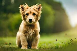 une chien séance dans le herbe. généré par ai photo