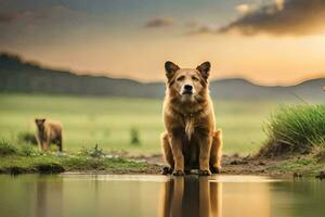 une chien séance par une étang à le coucher du soleil. généré par ai photo