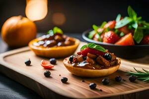 deux mini tartes avec fruit et des légumes sur une en bois Coupe planche. généré par ai photo