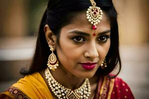 une magnifique Indien femme portant bijoux et une rouge sari. généré par ai photo