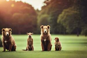 une groupe de marron ours séance sur le herbe. généré par ai photo