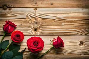 Trois rouge des roses sur une en bois Contexte. généré par ai photo