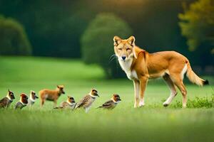 une chien et des oiseaux dans une champ. généré par ai photo