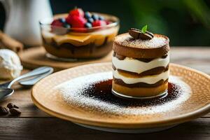 une dessert sur une assiette avec une tasse de café. généré par ai photo