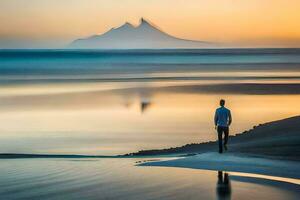 une homme permanent sur le plage à le coucher du soleil. généré par ai photo