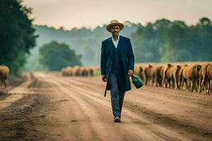 une homme dans une costume et chapeau en marchant vers le bas une saleté route avec une troupeau de mouton. généré par ai photo
